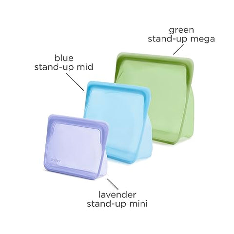Stasher Reusable Silicone Storage Bag, Stand Up Bundle 3-Pack, Lavender + Blue + Green