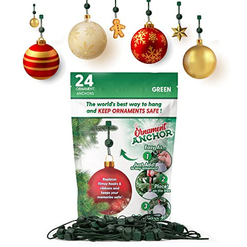 ORNAMENT ANCHOR Ornament Hooks - No-Slip Hanger Hooks for Decorations (Green, 24 Count)