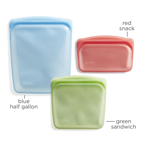 Stasher Reusable Silicone Storage Bag, 3-Pack, Blue + Red + Green