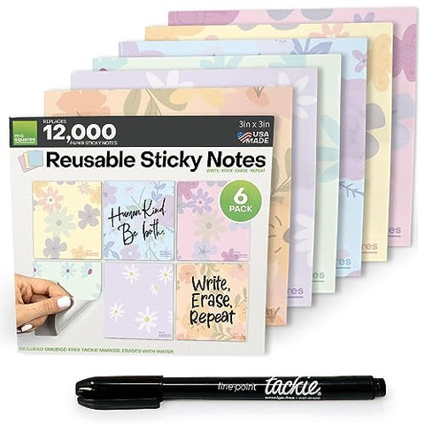 M.C. Squares Reusable Sticky Notes - 3x3 Floral Stickies, 6-Pack, Wet and Dry Erase