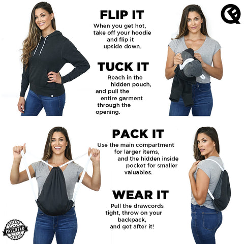 Quikflip Reversible Backpack Hoodie - Unisex Pullover Hero Hoodie Lite - Charcoal
