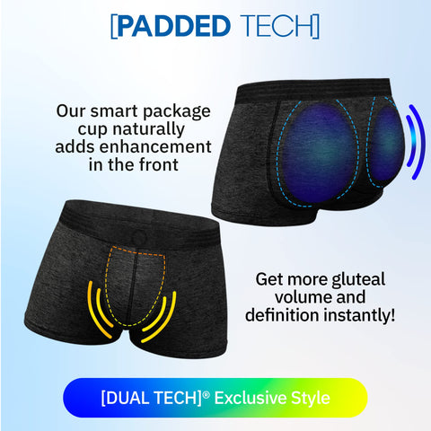 Rounderbum Mens Underwear - Black Padded Trunk - XL - Butt Enhancing Pads