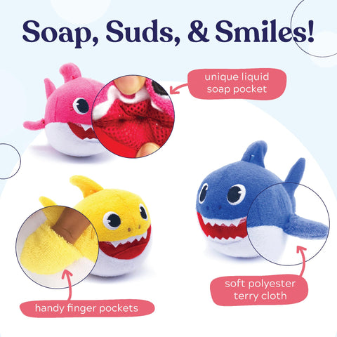 SoapSox Kids Bath Sponge 3pcs Baby Shark, Machine Washable