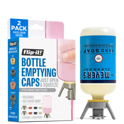 Flip-It! Premium Bottle Emptying Kit - 2 Base Caps, 6 Adapters - Pastel Color Edition