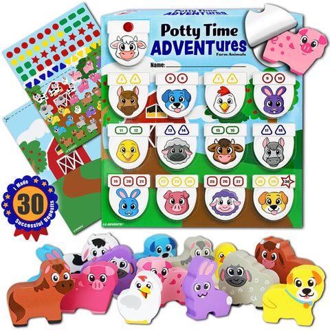 LIL ADVENTS Potty Time Adventures - Farm Animals with 14 Wooden Blocks - Potty Training Game